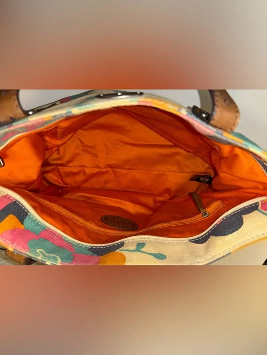 Fossil Cream Canvas Tote with Multicolor Floral Print and Brown Leather Handles - Picture 10 of 13